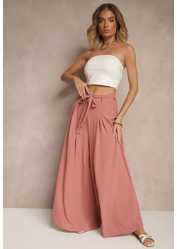 Ciemnoróżowe Spodnie z Bawełną o Szerokim Kroju High Waist z Paskiem Iveleldi ze sklepu renee.pl w kategorii Spodnie damskie - zdjęcie 179961896