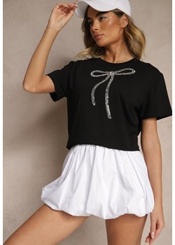 Czarny Bawełniany T-shirt z Cekinową Aplikacją w Kształcie Kokardy Tenuria ze sklepu renee.pl w kategorii Bluzki damskie - zdjęcie 179968938
