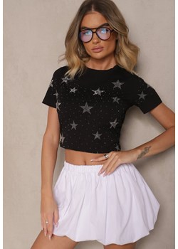 Czarny T-shirt z Bawełny Zdobiony Gwiazdkami z Cyrkonii Tenenisa ze sklepu renee.pl w kategorii Bluzki damskie - zdjęcie 179968948