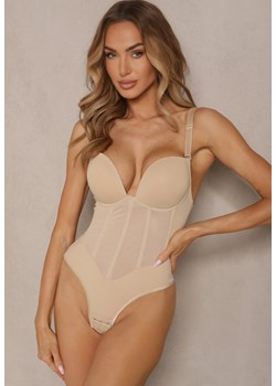 Beżowe Body o Dopasowanym Kroju Zdobione Siateczką Lunesena ze sklepu renee.pl w kategorii Body damskie - zdjęcie 179971596