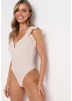 Beżowe Body z Haftowanymi Falbankami Lviya ze sklepu born2be.pl w kategorii Body damskie - zdjęcie 180011937