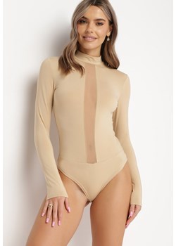 Beżowe Body z Transparentną Wstawką i Długim Rękawem Gaatha ze sklepu born2be.pl w kategorii Body damskie - zdjęcie 180016936