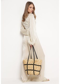 Beżowa Pleciona Torebka Shopper z Czarnymi Paskami z Ekoskóry na Suwak Norgaine ze sklepu born2be.pl w kategorii Torby letnie - zdjęcie 180047365