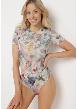 Zielono-Beżowe Body z Cienkiej Siateczki z Krótkim Rękawem w Kwiaty Dimashas ze sklepu born2be.pl w kategorii Body damskie - zdjęcie 180066088