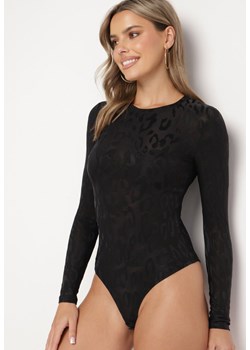 Czarne Body Longsleeve z Wiskozą w Tłoczony Panterkowy Wzór Riasen ze sklepu born2be.pl w kategorii Body damskie - zdjęcie 180109347