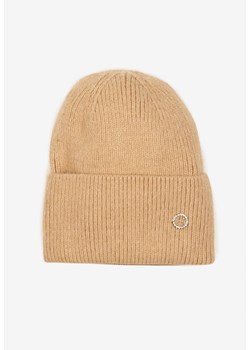 Beżowa Czapka z Angorą w Stylu Beanie Ozdobiona Aplikacją Delarielis ze sklepu born2be.pl w kategorii Czapki zimowe damskie - zdjęcie 180114388