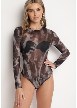 Brązowe Dopasowane Body Longsleeve z Siateczkowego Materiału z Wiskozą Listaria ze sklepu born2be.pl w kategorii Body damskie - zdjęcie 180114965