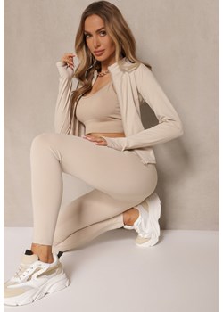 Beżowy Komplet Sportowy Legginsy i Bluza z Wycięciem na Kciuk Redarose ze sklepu renee.pl w kategorii Komplety i garnitury damskie - zdjęcie 180234265