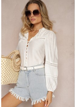 Biała Koszula z Wiskozy ze Stójką i Wstawkami z Koronki Diverto ze sklepu renee.pl w kategorii Koszule damskie - zdjęcie 180343277