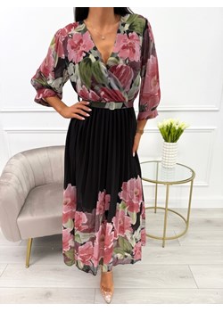 Czarno-Bordowa Sukienka w Kwiaty z Plisowanym Dołem ze sklepu ModnaKiecka.pl w kategorii Sukienki - zdjęcie 180383599