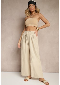 Beżowe Spodnie High Waist Szerokie z Bawełny Wiązane w Pasie z Gumką w Talii Yaslio ze sklepu renee.pl w kategorii Spodnie damskie - zdjęcie 180403065