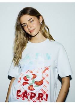 Reserved - Bawełniany t-shirt z nadrukiem - jasnoniebieski ze sklepu Reserved w kategorii Bluzki damskie - zdjęcie 180428435