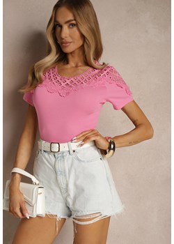 Fuksjowy T-shirt z Bawełny Ozdobiony Koronką Zareine ze sklepu renee.pl w kategorii Bluzki damskie - zdjęcie 180438455