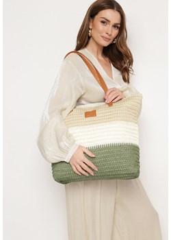 Beżowo-Zielona Torebka Tote w Stylu Boho z Plecionki na Suwak Rin ze sklepu born2be.pl w kategorii Torby letnie - zdjęcie 180452215