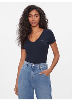 Tommy Jeans T-Shirt Tjw Slim Essential Rib V Ss DW0DW17385 Granatowy Slim Fit ze sklepu MODIVO w kategorii Bluzki damskie - zdjęcie 181035768