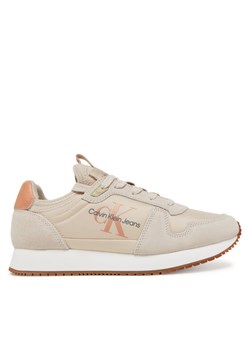 Calvin Klein Jeans Sneakersy Runner Sock Laceup Ny-Lth Wn YW0YW00840 Beżowy ze sklepu MODIVO w kategorii Buty sportowe damskie - zdjęcie 181135107