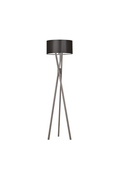 Popielata lampa stojąca do salonu ELX z drewnianym trójnogiem ze sklepu Lysne w kategorii Lampy podłogowe - zdjęcie 181862205