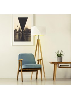 Dębowa lampa stojąca na 3 nogach z białym abażurem ze złotym LAGOS GOLD ze sklepu Lysne w kategorii Lampy podłogowe - zdjęcie 181870177