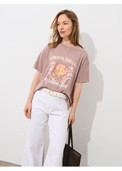 Mohito - Bawełniany t-shirt z nadrukiem - beżowy ze sklepu Mohito w kategorii Bluzki damskie - zdjęcie 181911665