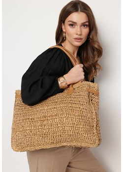 Beżowa Duża Torebka Tote Plażowa z Plecionki w Stylu Boho Delmirra ze sklepu born2be.pl w kategorii Torby letnie - zdjęcie 181920775