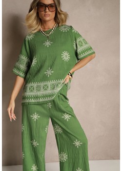 Ciemnozielony Komplet Boho z Wiskozy Szerokie Spodnie i T-shirt z Haftem Zeirae ze sklepu renee.pl w kategorii Komplety i garnitury damskie - zdjęcie 181937395