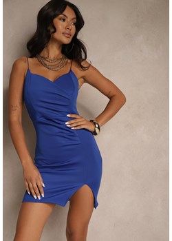 Niebieska Sukienka Bodycon Ozdobiona Rozcięciem na Nogę Lunitera ze sklepu renee.pl w kategorii Sukienki - zdjęcie 181937505