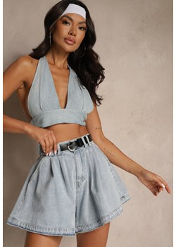 Jasnoniebieskie Szorty z Bawełny High Waist Ozdobione Paskiem Saromine ze sklepu renee.pl w kategorii Szorty - zdjęcie 181938158