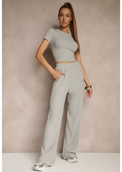 Szary Komplet z Bawełny T-shirt Typu Crop Top i Spodnie Wide Leg Nelisandra ze sklepu renee.pl w kategorii Komplety i garnitury damskie - zdjęcie 181938926