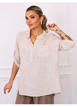 BLUZKA KOSZULOWA ASYMETRYCZNA Z LNEM- BEŻOWA ze sklepu olika.com.pl w kategorii Bluzki damskie - zdjęcie 181952636