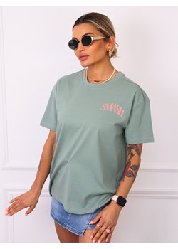 T-SHIRT Z RÓŻOWYM NAPISEM Z PRZODU I NA PLECACH- ZIELONY ze sklepu olika.com.pl w kategorii Bluzki damskie - zdjęcie 181952668