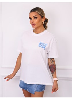 T-SHIRT Z NIEBIESKIM NAPISEM Z PRZODU I NA PLECACH- BIAŁY ze sklepu olika.com.pl w kategorii Bluzki damskie - zdjęcie 181953048