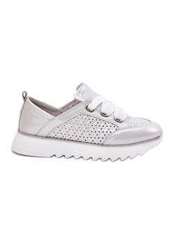 S.Barski Skórzane Sneakersy Damskie Na Platformie D&amp;A LR51-796 Srebrne srebrny ze sklepu ButyModne.pl w kategorii Buty sportowe damskie - zdjęcie 181956267