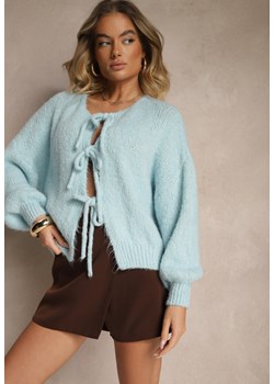 Niebieski Kardigan z Wełną o Kroju Oversize z Wiązanymi Kokardami Elearina ze sklepu renee.pl w kategorii Swetry damskie - zdjęcie 181968226