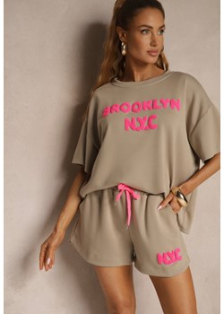 Ciemnobeżowy Komplet z Wiskozą o Fasonie Oversize T-shirt i Szorty Lirafina ze sklepu renee.pl w kategorii Komplety i garnitury damskie - zdjęcie 181973597