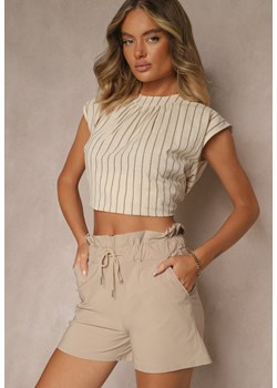 Beżowe Szorty z Bawełną High Waist z Ozdobnym Sznurkiem Axemia ze sklepu renee.pl w kategorii Szorty - zdjęcie 181974718