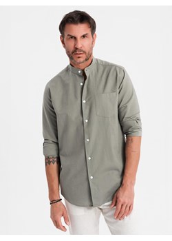 Męska koszula lniana ze stójką i kieszenią REGULAR FIT – khaki V6 OM-SHCS-0161 ze sklepu ombre w kategorii Koszule męskie - zdjęcie 181979207