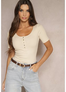 Beżowy Bawełniany T-shirt Prążkowany z Guzikami Florvivi ze sklepu renee.pl w kategorii Bluzki damskie - zdjęcie 181980548