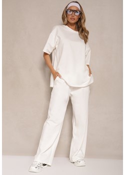 Jasnobeżowy Komplet z Bawełny T-shirt z Rozcięciami i Spodnie o Szerokim Kroju Elpiola ze sklepu renee.pl w kategorii Komplety i garnitury damskie - zdjęcie 181980596