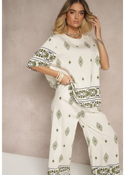 Beżowo-Ciemnozielony Komplet z Wiskozy w Etniczny Wzór Szerokie Spodnie i T-shirt Sarivianne ze sklepu renee.pl w kategorii Komplety i garnitury damskie - zdjęcie 182001007