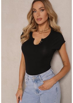Czarny Dopasowany T-shirt z Ozdobnymi Guziczkami i Wycięciem przy Dekolcie Benolla ze sklepu renee.pl w kategorii Bluzki damskie - zdjęcie 182020357