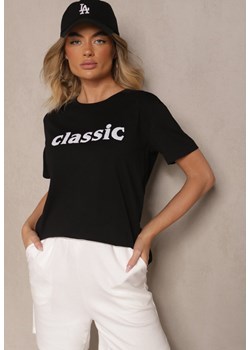 Czarny Bawełniany T-shirt Zdobiony Napisem z Cyrkonii Deleire ze sklepu renee.pl w kategorii Bluzki damskie - zdjęcie 182592917