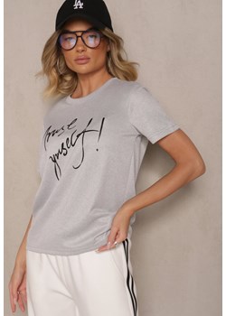Jasnoszary T-shirt Zdobiony Napisem z Brokatem Tezilea ze sklepu renee.pl w kategorii Bluzki damskie - zdjęcie 182592937