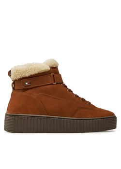 Tommy Hilfiger Botki Faux Fur Nubuck Low Lace-Up FW0FW08172 Brązowy ze sklepu MODIVO w kategorii Botki - zdjęcie 182658776