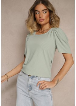 Zielony T-shirt z Prążkowanej Tkaniny z Zakładkami przy Rękawach Kolaniella ze sklepu renee.pl w kategorii Bluzki damskie - zdjęcie 183545419