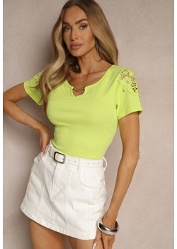 Zielony T-shirt z Bawełny Ozdobiony Koronką i Łańcuszkiem Liravee ze sklepu renee.pl w kategorii Bluzki damskie - zdjęcie 183545457