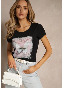 Czarny T-shirt z Bawełny Ozdobiony Cyrkoniami i Motylem Uliadwena ze sklepu renee.pl w kategorii Bluzki damskie - zdjęcie 183564338