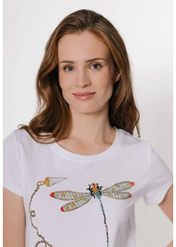Biały t-shirt z ważką z koralików ze sklepu Molton w kategorii Bluzki damskie - zdjęcie 183568208