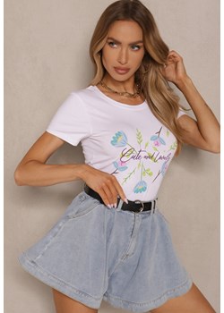 Biało-Niebieski T-shirt z Bawełny z Nadrukiem Zarive ze sklepu renee.pl w kategorii Bluzki damskie - zdjęcie 183570125