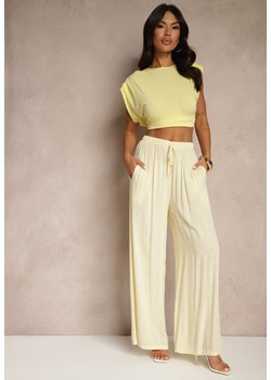Jasnożółte Szerokie Spodnie High Waist z Gumką w Talii Ilnena ze sklepu renee.pl w kategorii Spodnie damskie - zdjęcie 183570285