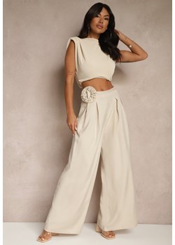 Beżowe Spodnie o Szerokim Kroju High Waist z Kwiatem 3D Firalisse ze sklepu renee.pl w kategorii Spodnie damskie - zdjęcie 183570335